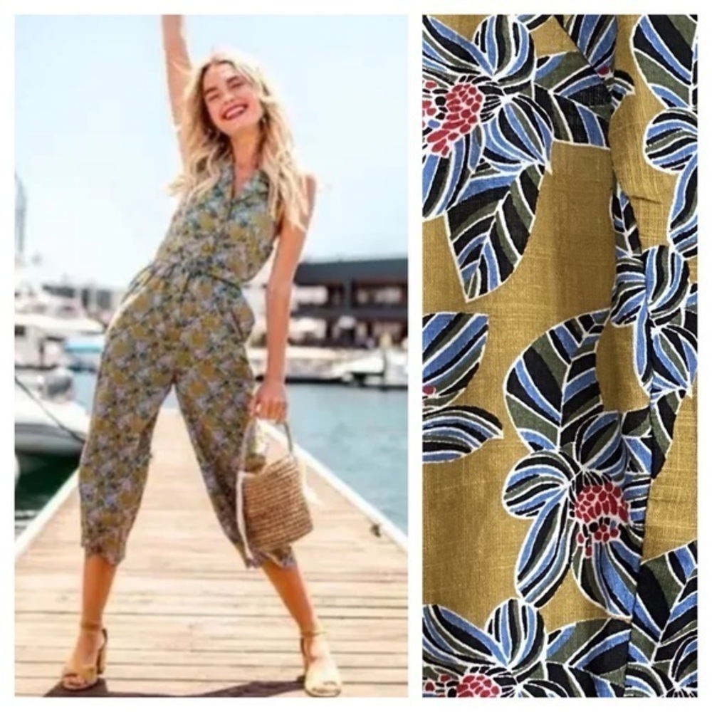 Anthropologie ModCloth Yellow Floral Genuine Genius Halter Crop Jumpsuit Small